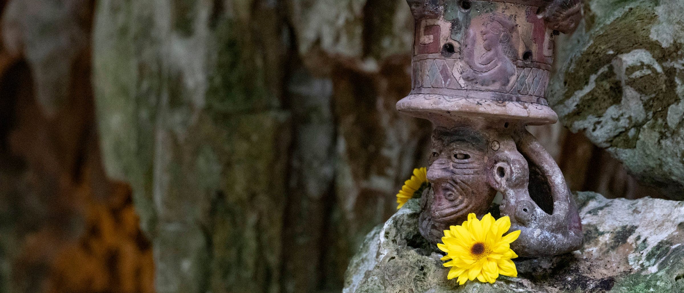 A carved clay incense vessel resting on limestone, yellow flowers at its base, against the mossed cave wall