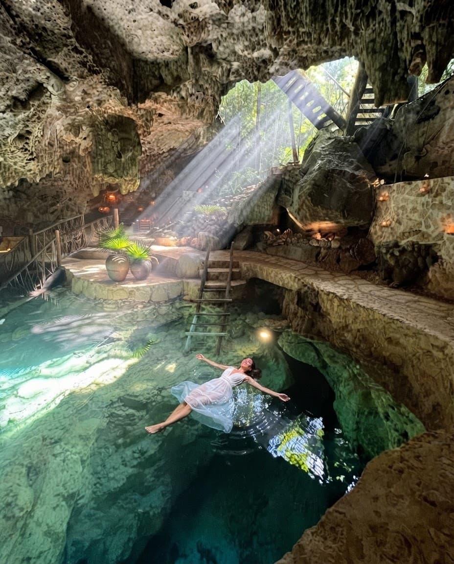 A woman in a white dress floating on her back in the turquoise cenote, shafts of daylight falling through the cave mouth around her
